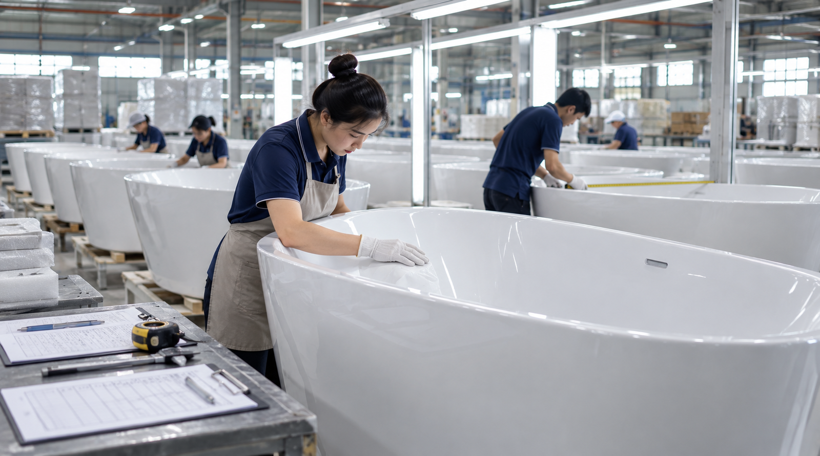 Acrylic bathtub quality inspection in a Vietnam factory