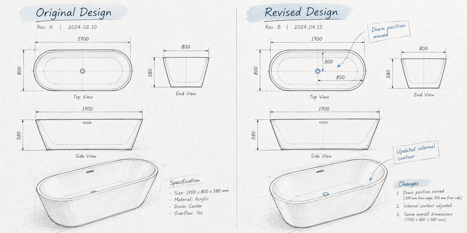 Comparison of original and revised OEM bathtub technical drawings