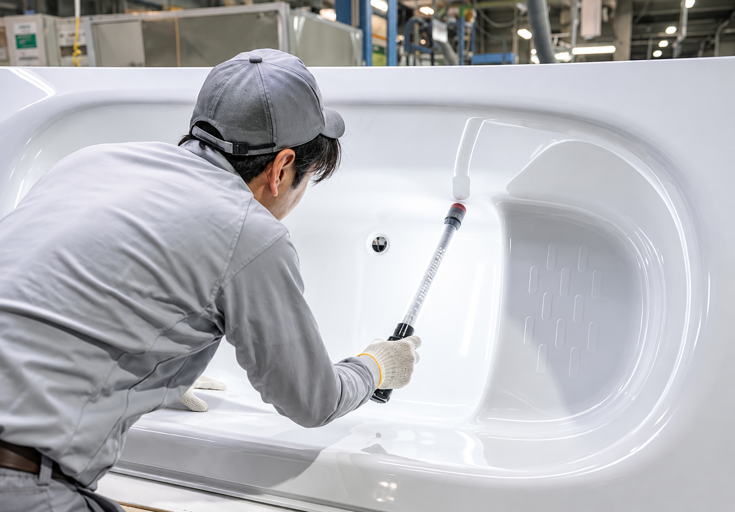 Quality inspection of acrylic bathtubs at the manufacturing facility