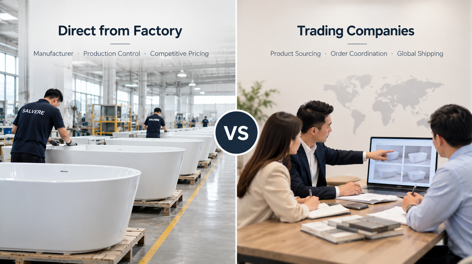 Comparison of direct factory sourcing and trading company sourcing for bathtub imports