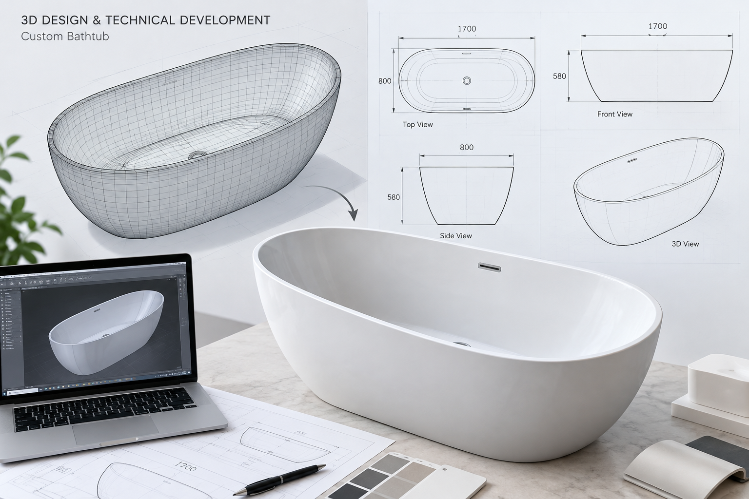 Custom acrylic bathtub design with 3D modeling and technical drawings